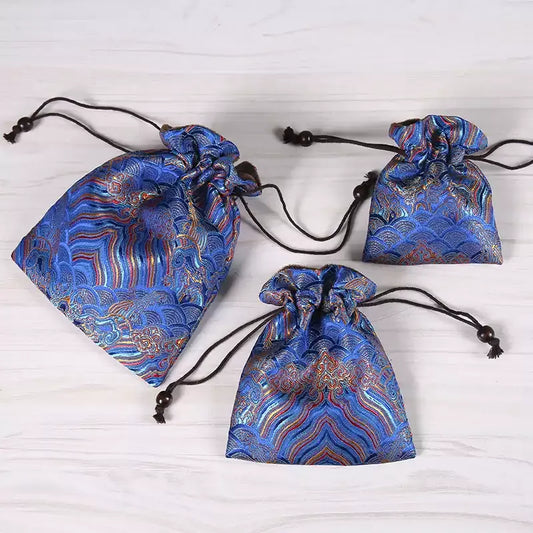 Handmade Embroidered Brocade Drawstring Pouch – Cotton Linen Fukubukuro, Jewelry Storage Bag, Lucky Gift Pouch (Royal Blue, 4 Sizes)