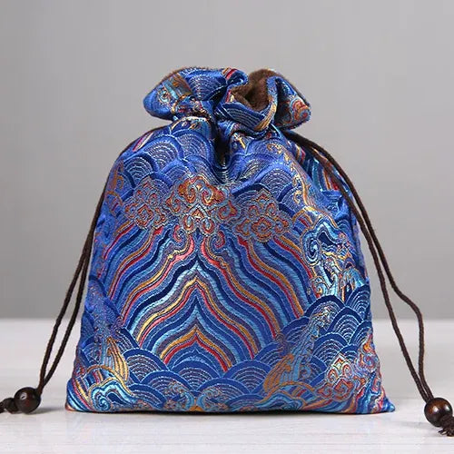 Handmade Embroidered Brocade Drawstring Pouch – Cotton Linen Fukubukuro, Jewelry Storage Bag, Lucky Gift Pouch (Royal Blue, 4 Sizes)