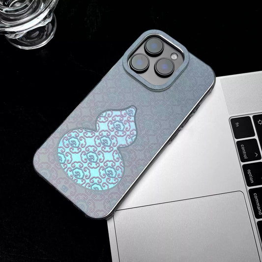 Double Fortune Gourd Phone Case – Chinese “Fu Lu” Pattern, Silk‑texture Liquid Silicone, Soft Cover for iPhone 16/17 Series, East Asian Style Gift