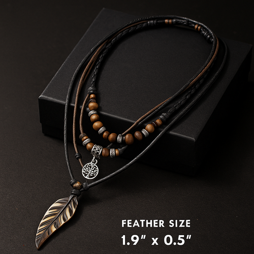 Handmade Feather Pendant Necklace – Boho Layered Leather Cord Necklace