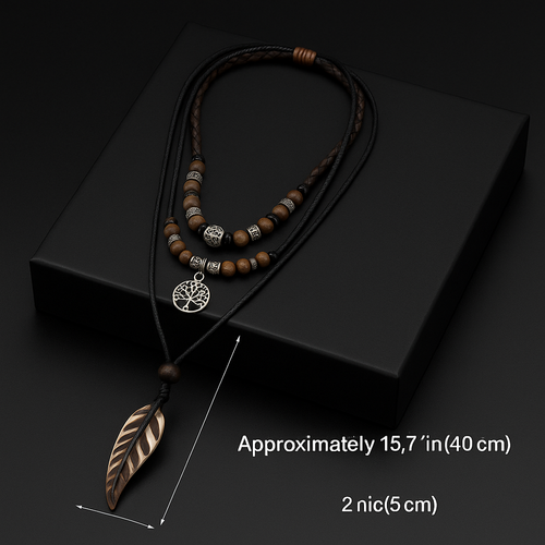 Handmade Feather Pendant Necklace – Boho Layered Leather Cord Necklace