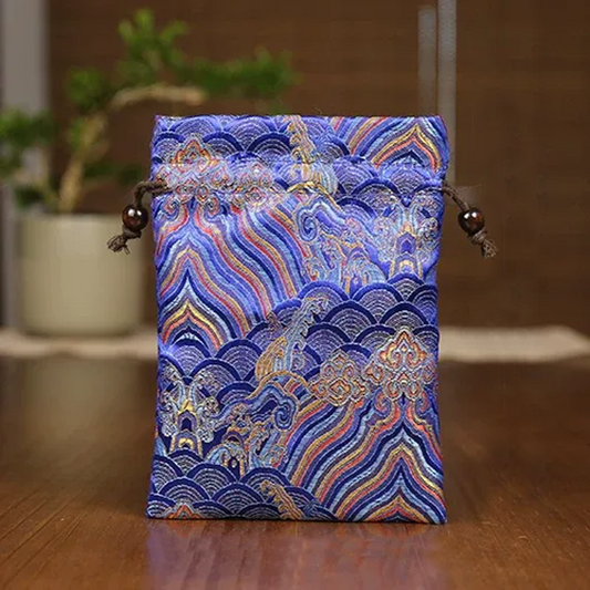 Handmade Embroidered Brocade Drawstring Pouch – Cotton Linen Fukubukuro, Jewelry Storage Bag, Lucky Gift Pouch (Royal Blue, 4 Sizes)