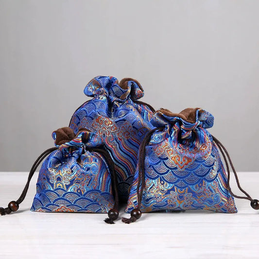 Handmade Embroidered Brocade Drawstring Pouch – Cotton Linen Fukubukuro, Jewelry Storage Bag, Lucky Gift Pouch (Royal Blue, 4 Sizes)