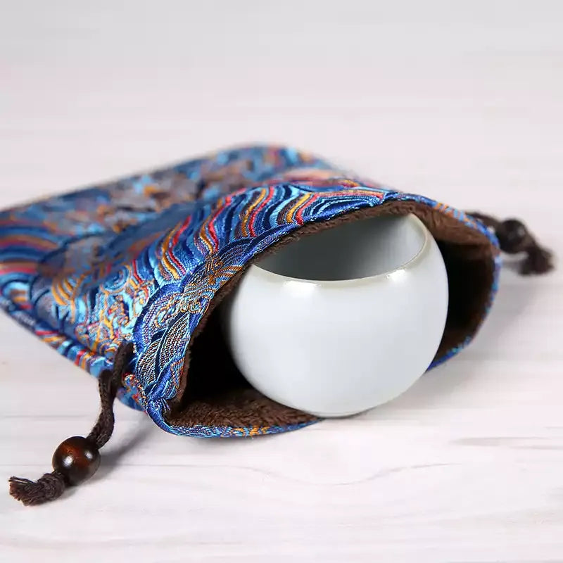 Handmade Embroidered Brocade Drawstring Pouch – Cotton Linen Fukubukuro, Jewelry Storage Bag, Lucky Gift Pouch (Royal Blue, 4 Sizes)