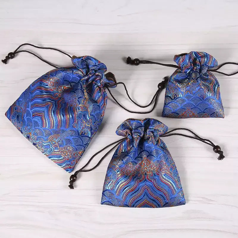 Handmade Embroidered Brocade Drawstring Pouch – Cotton Linen Fukubukuro, Jewelry Storage Bag, Lucky Gift Pouch (Royal Blue, 4 Sizes)