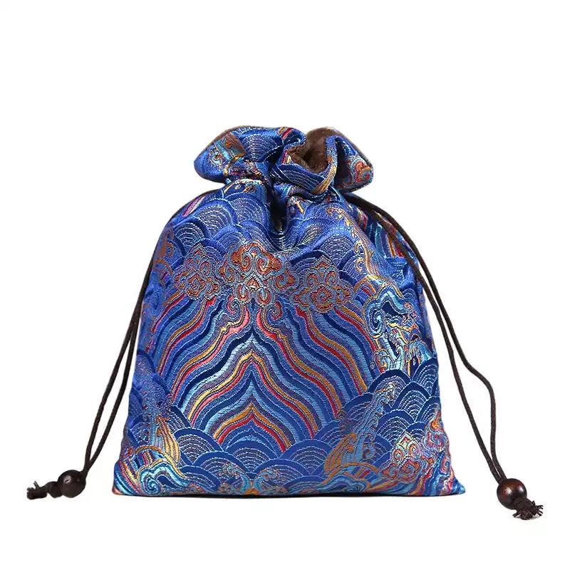 Handmade Embroidered Brocade Drawstring Pouch – Cotton Linen Fukubukuro, Jewelry Storage Bag, Lucky Gift Pouch (Royal Blue, 4 Sizes)