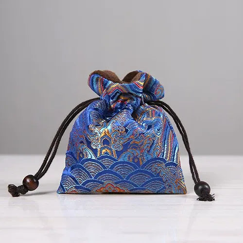 Handmade Embroidered Brocade Drawstring Pouch – Cotton Linen Fukubukuro, Jewelry Storage Bag, Lucky Gift Pouch (Royal Blue, 4 Sizes)