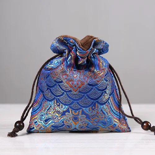 Handmade Embroidered Brocade Drawstring Pouch – Cotton Linen Fukubukuro, Jewelry Storage Bag, Lucky Gift Pouch (Royal Blue, 4 Sizes)