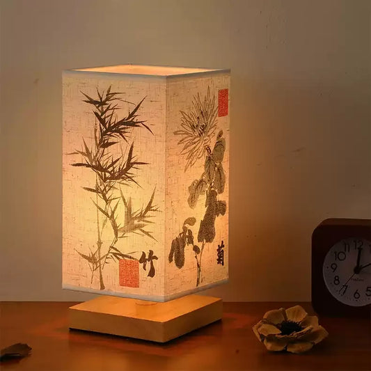 Chinese Calligraphy Square Table Lamp – Blessing Wood Base, Linen Shade, Dimmable LED for Desk, Bedroom, Tea Room Tri‑color Tuning, 5W