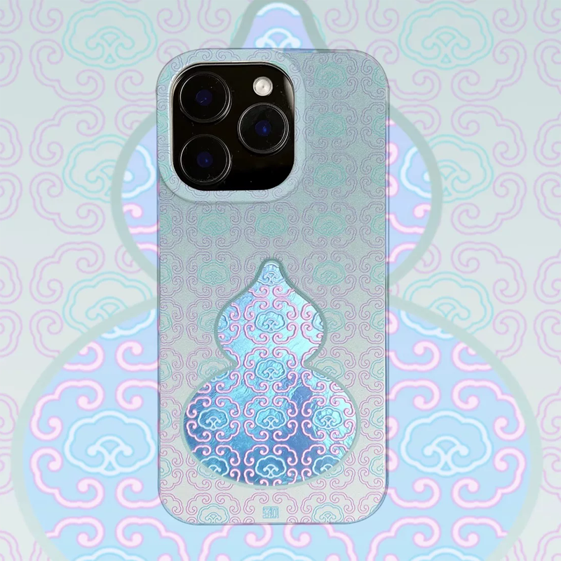 Double Fortune Gourd Phone Case – Chinese “Fu Lu” Pattern, Silk‑texture Liquid Silicone, Soft Cover for iPhone 16/17 Series, East Asian Style Gift