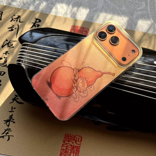 Infinite Blessings Gourd Phone Case – Glacier Laser Liquid Silicone, Chinese “Fu Sheng Wu Liang” Pattern, Soft Cover for iPhone 16/17 Series, East Asian Style Gift