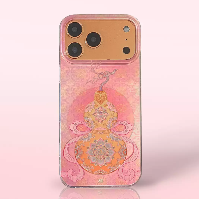 Fortune & Prosperity Gourd Phone Case – “Fu Lu” Pattern, Glacier Laser Liquid Silicone, Soft Cover for iPhone 16/17 Series, East Asian Style Gift