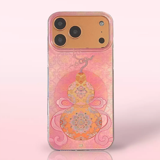 Fortune & Prosperity Gourd Phone Case – “Fu Lu” Pattern, Glacier Laser Liquid Silicone, Soft Cover for iPhone 16/17 Series, East Asian Style Gift