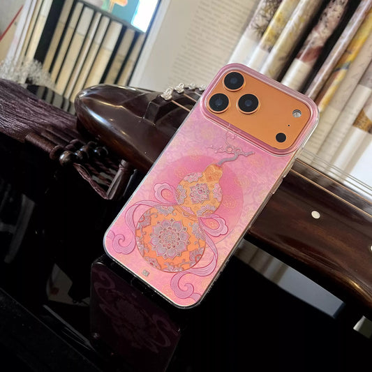 Fortune & Prosperity Gourd Phone Case – “Fu Lu” Pattern, Glacier Laser Liquid Silicone, Soft Cover for iPhone 16/17 Series, East Asian Style Gift