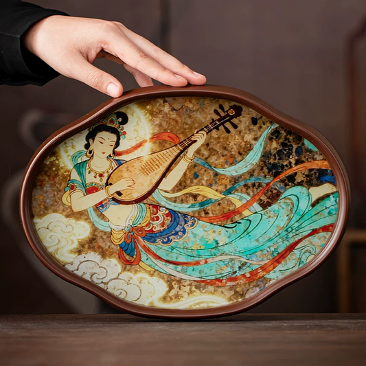 Dunhuang Flying Apsaras Glass Tea Tray – Chinese Style Dry Tea Tray, Handcrafted Dish for Tea Ceremony, Snacks or Fruit, 3 Sizes