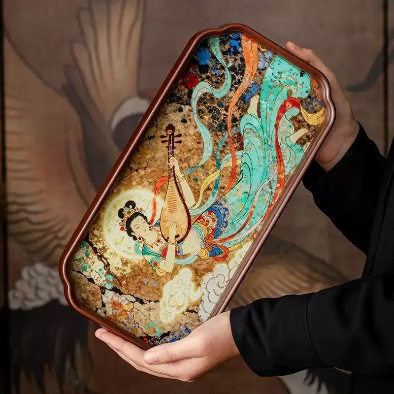 Dunhuang Flying Apsaras Glass Tea Tray – Chinese Style Dry Tea Tray, Handcrafted Dish for Tea Ceremony, Snacks or Fruit, 3 Sizes