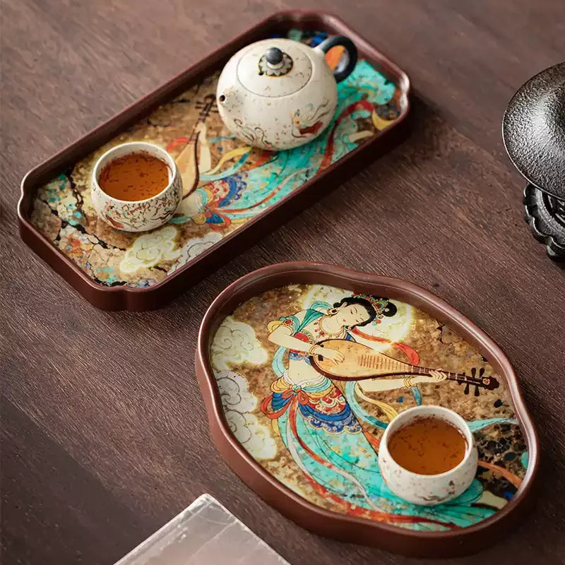 Dunhuang Flying Apsaras Glass Tea Tray – Chinese Style Dry Tea Tray, Handcrafted Dish for Tea Ceremony, Snacks or Fruit, 3 Sizes