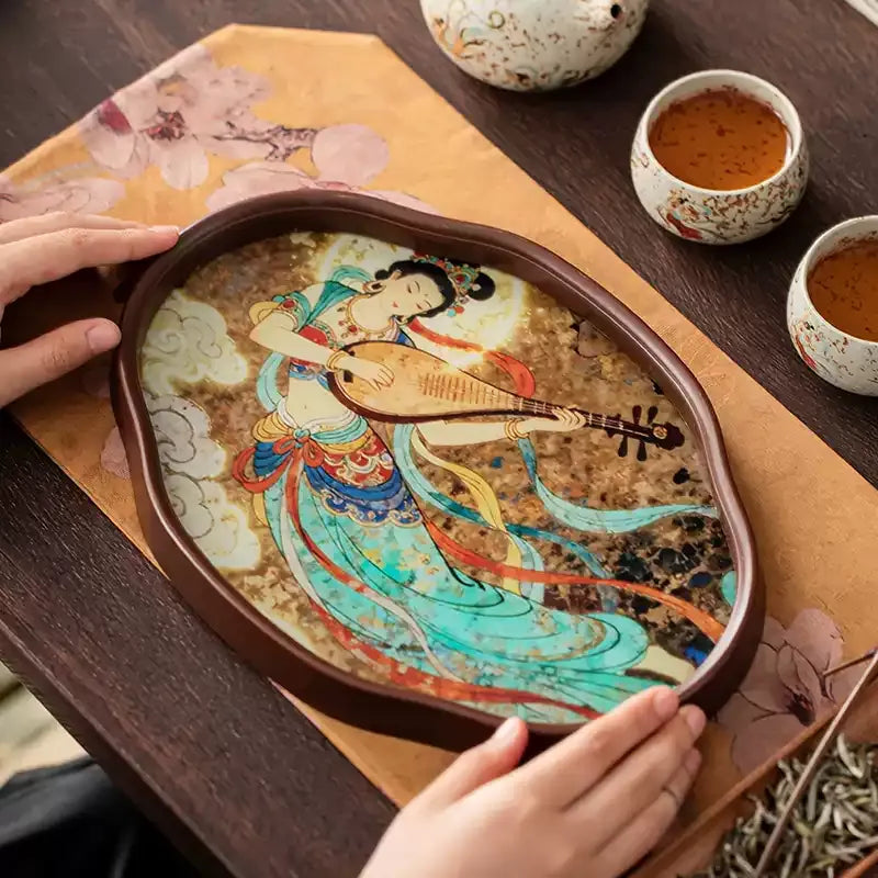 Dunhuang Flying Apsaras Glass Tea Tray – Chinese Style Dry Tea Tray, Handcrafted Dish for Tea Ceremony, Snacks or Fruit, 3 Sizes