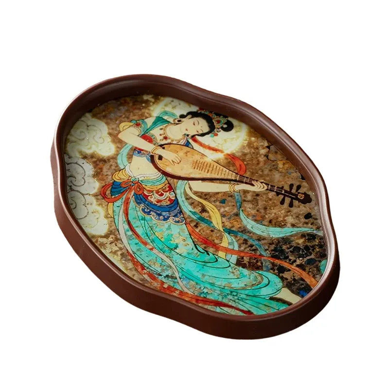 Dunhuang Flying Apsaras Glass Tea Tray – Chinese Style Dry Tea Tray, Handcrafted Dish for Tea Ceremony, Snacks or Fruit, 3 Sizes