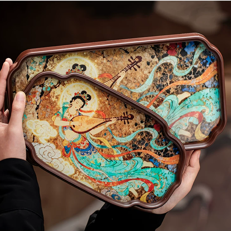 Dunhuang Flying Apsaras Glass Tea Tray – Chinese Style Dry Tea Tray, Handcrafted Dish for Tea Ceremony, Snacks or Fruit, 3 Sizes