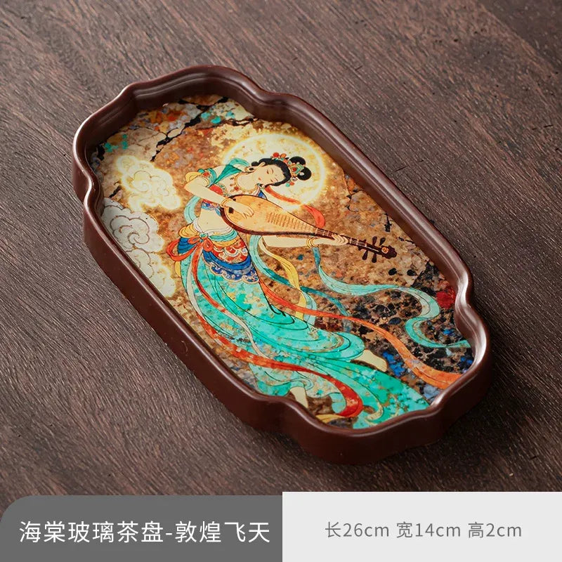 Dunhuang Flying Apsaras Glass Tea Tray – Chinese Style Dry Tea Tray, Handcrafted Dish for Tea Ceremony, Snacks or Fruit, 3 Sizes