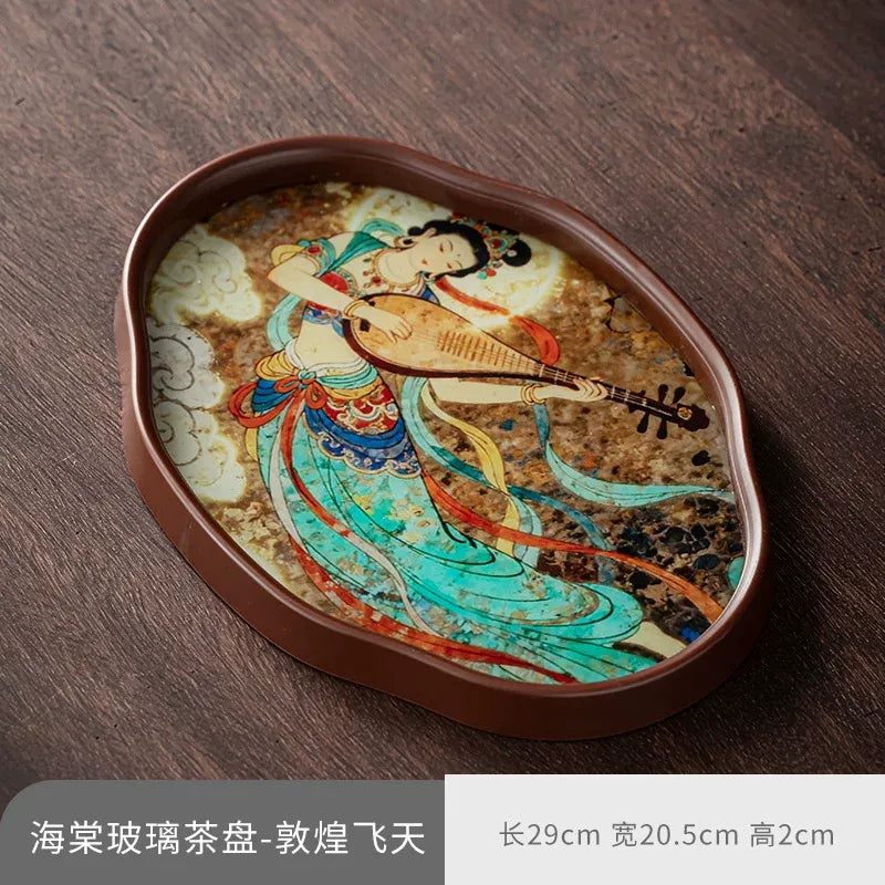 Dunhuang Flying Apsaras Glass Tea Tray – Chinese Style Dry Tea Tray, Handcrafted Dish for Tea Ceremony, Snacks or Fruit, 3 Sizes