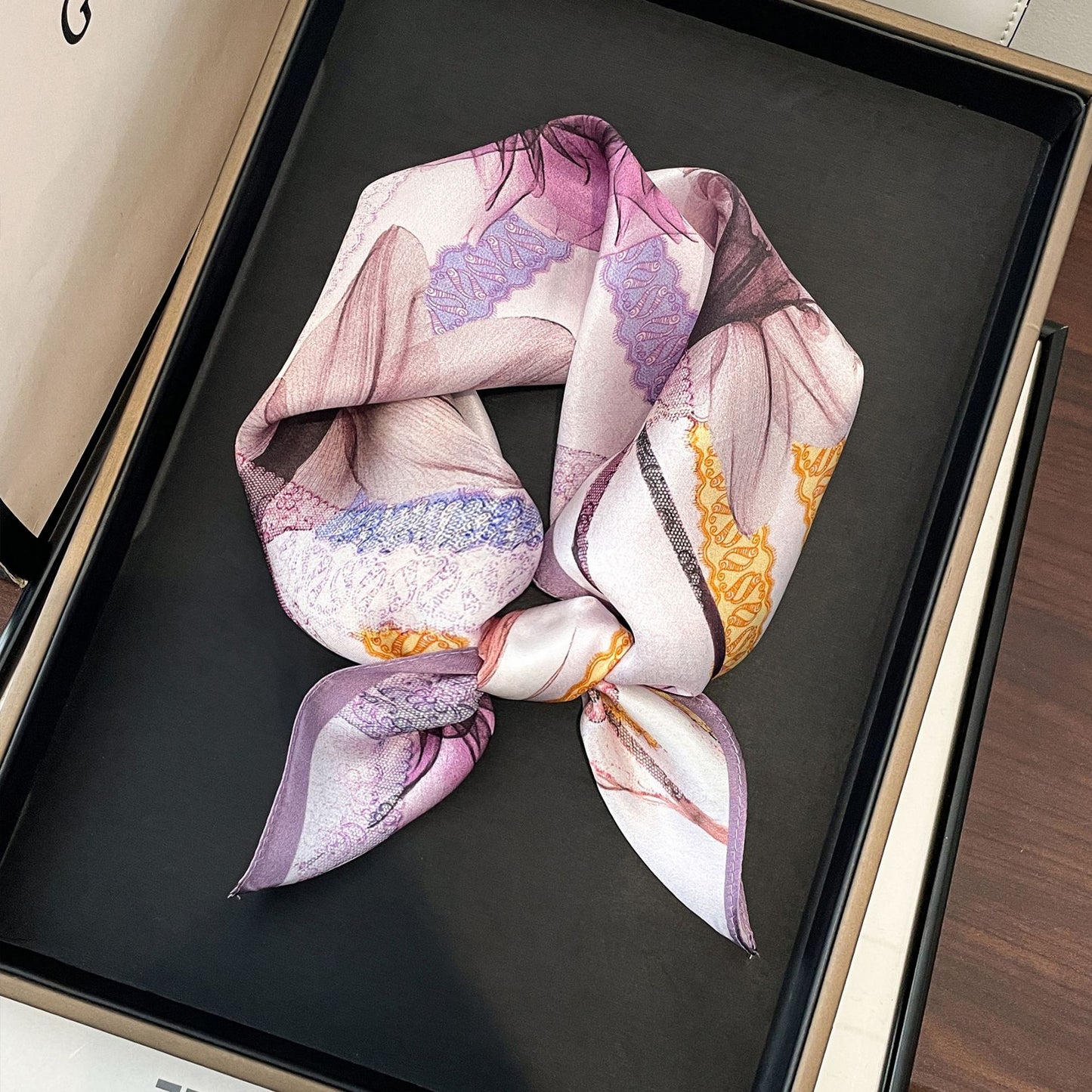 Pure Mulberry Silk Square Scarf - 21" x 21" Eastern Aesthetics Lace Purple Neck Head Scarf, Chinoiserie Gift for Her