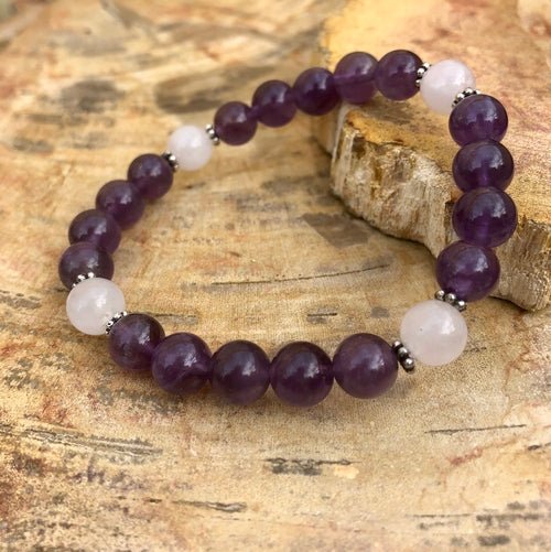Amethyst & Rose Quartz Stretch Bracelet! Natural Crystals! - DestinyAxis