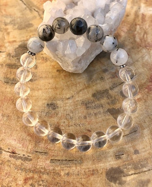 Black Tourmaline & Crystal Quartz Stretch Bracelet! Genuine Crystals! - DestinyAxis