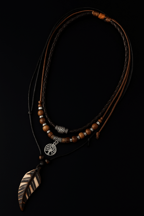 Handmade Feather Pendant Necklace – Boho Layered Leather Cord Necklace - DestinyAxis