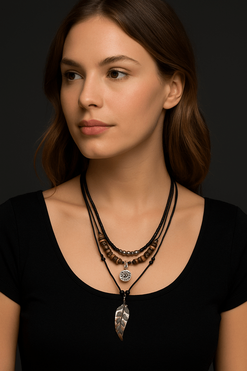 Handmade Feather Pendant Necklace – Boho Layered Leather Cord Necklace - DestinyAxis