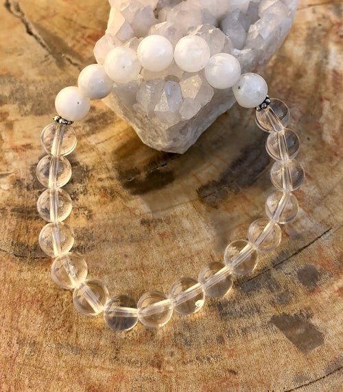 Rainbow Moonstone & Crystal Quartz Stretch Bracelet! Genuine Crystals! - DestinyAxis