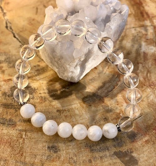 Rainbow Moonstone & Crystal Quartz Stretch Bracelet! Genuine Crystals! - DestinyAxis