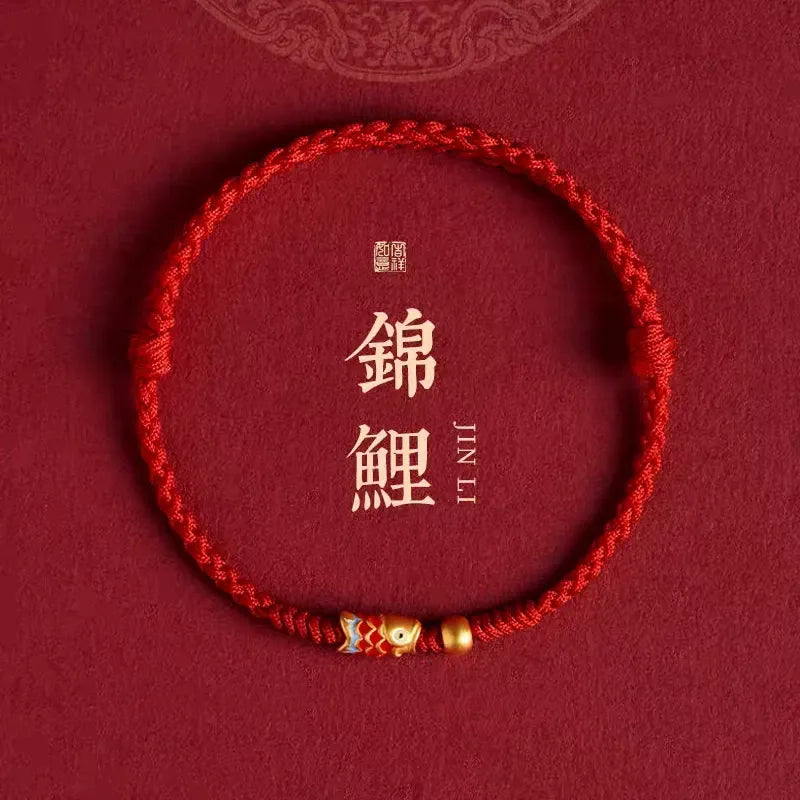 Lucky Koi Red String Bracelet – Ben Ming Nian Protection, Fish Symbol for Success, Handmade Adjustable Rope for Women Men Kids