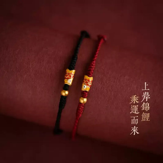 Lucky Koi Red String Bracelet – Ben Ming Nian Protection, Fish Symbol for Success, Handmade Adjustable Rope for Women Men Kids