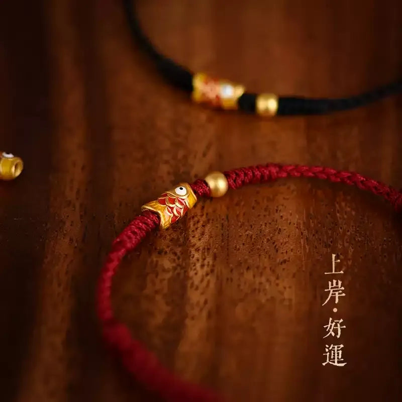 Lucky Koi Red String Bracelet – Ben Ming Nian Protection, Fish Symbol for Success, Handmade Adjustable Rope for Women Men Kids