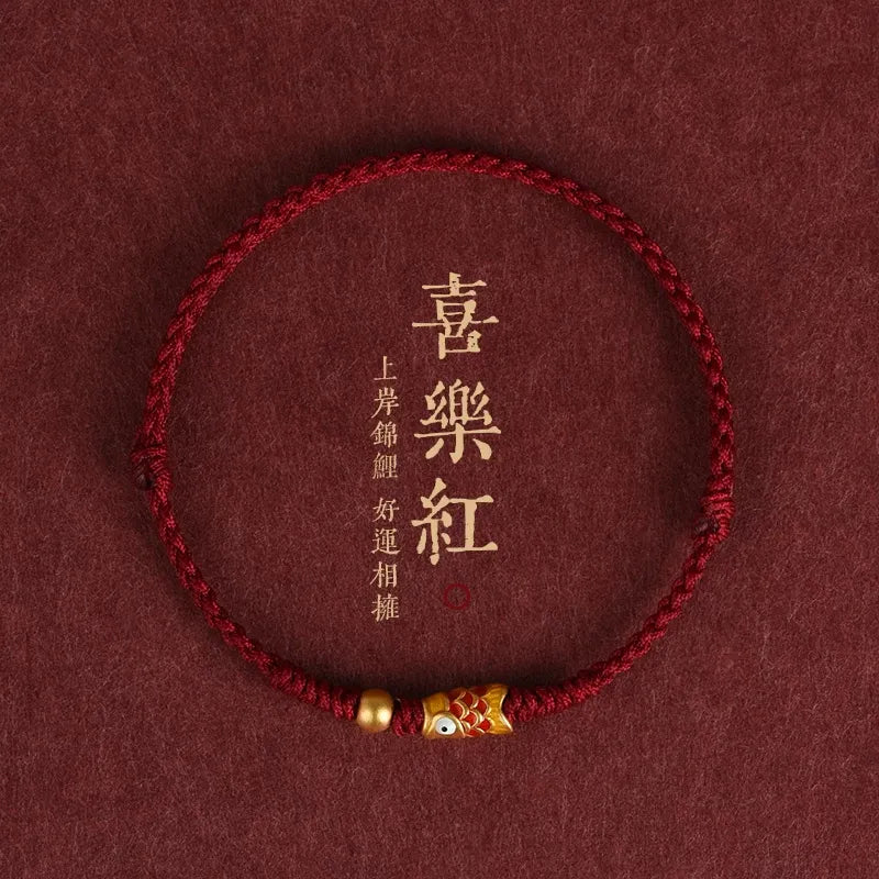 Lucky Koi Red String Bracelet – Ben Ming Nian Protection, Fish Symbol for Success, Handmade Adjustable Rope for Women Men Kids