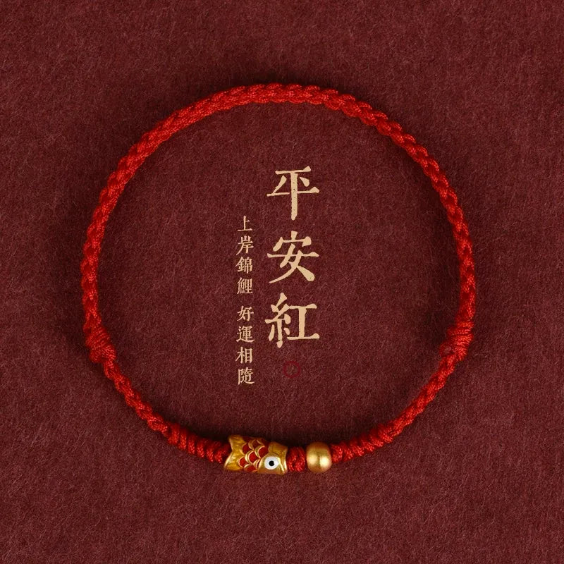 Lucky Koi Red String Bracelet – Ben Ming Nian Protection, Fish Symbol for Success, Handmade Adjustable Rope for Women Men Kids